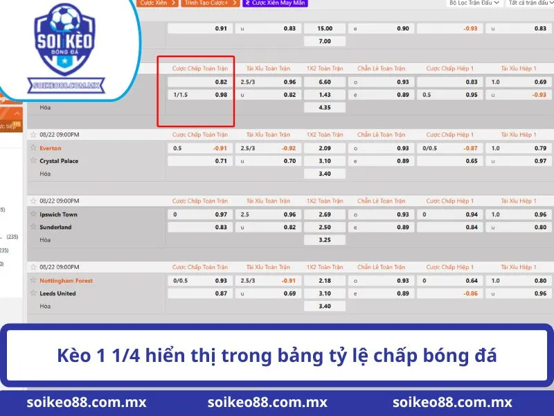 Kèo 1 1/4: Hướng Dẫn Cách Xem Tỷ Lệ Chấp Cho Người Mới 1 Kèo 1 1/4 hiển thị trong bảng tỷ lệ chấp bóng đá