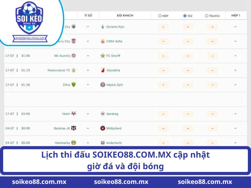 Lịch thi đấu SOIKEO88.COM.MX cập nhật giờ đá và đội bóng