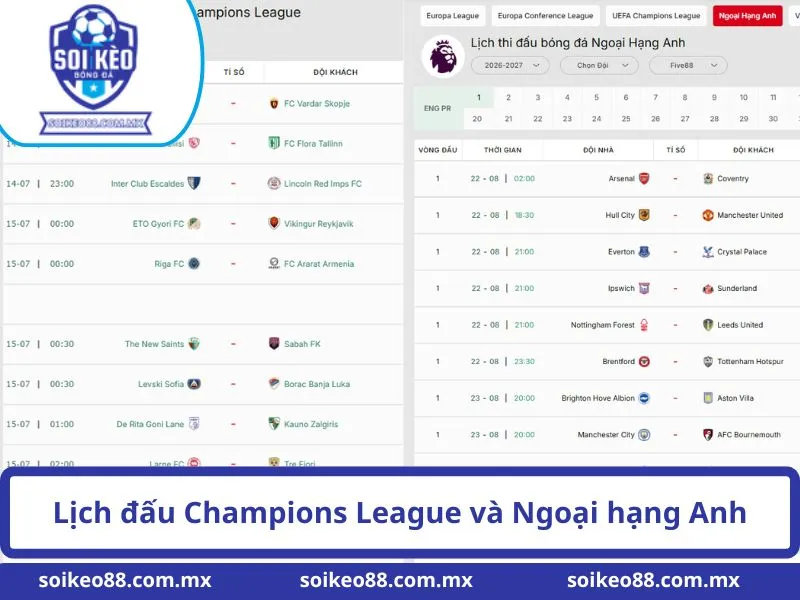 Lịch đấu Champions League và Ngoại hạng Anh
