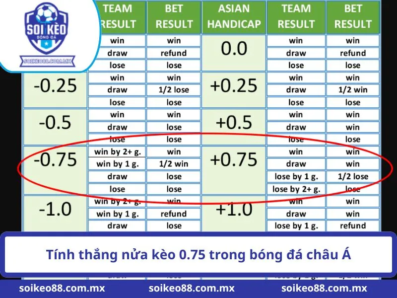 Tính thắng nửa kèo 0.75 trong bóng đá châu Á